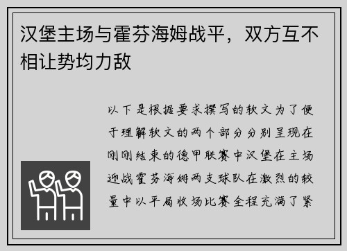 汉堡主场与霍芬海姆战平，双方互不相让势均力敌